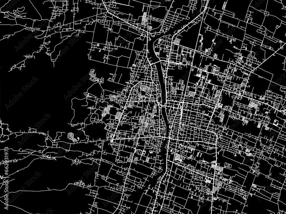Vector road map of the city of  Kediri in Indonesia with white roads on a black background.