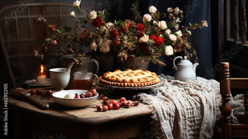 Homemade pastries on beautifully served table decorated in rustic style. Cozy home, tea time, food background