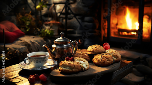 Homemade pastries on beautifully served table decorated in rustic style. Cozy home, tea time, food background