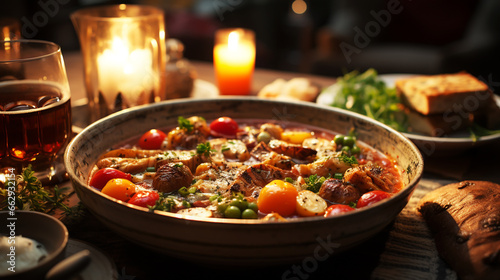 Vegetable Ratatouille in frying pan on a wooden table.