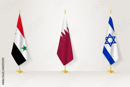Political gathering of governments. Flags of Syria, Qatar and Israel.