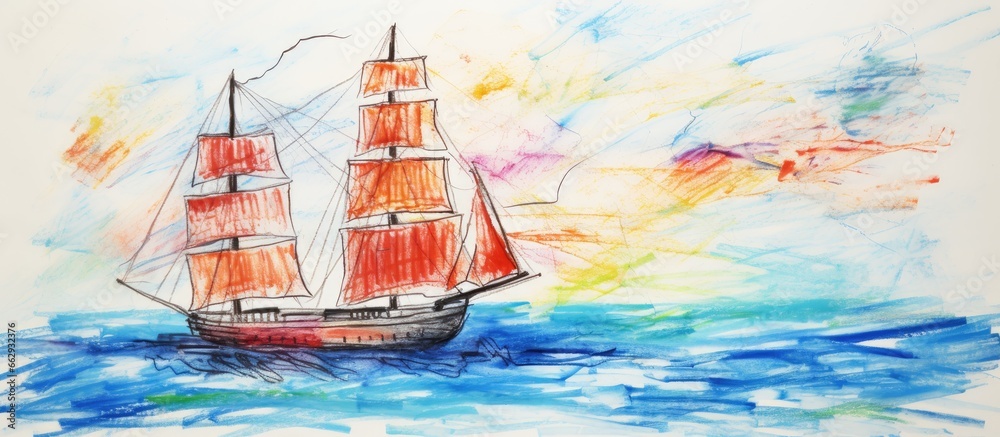 Crayon drawing of a ship at sea by children With copyspace for text