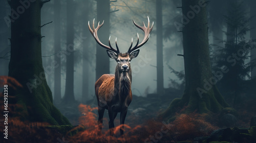 Red deer stag with antlers in a foggy forest landscape