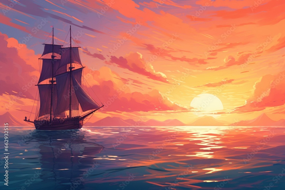 Illustration of a sunrise sky and seascape. Generative AI