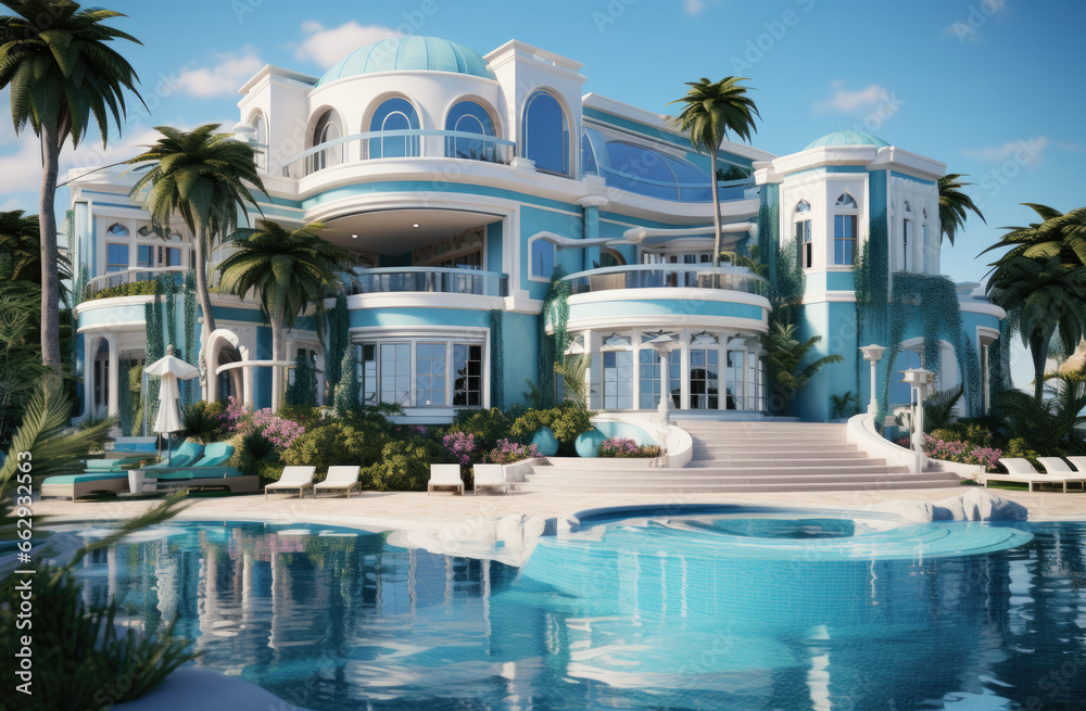 Fototapeta premium Modern Oasis: A Home with a Large Swimming Pool in the Front, Blending Architectural Elegance with Relaxing Outdoor Splendor