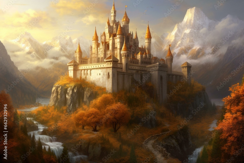 Artistic landscape featuring a magnificent castle. Generative AI