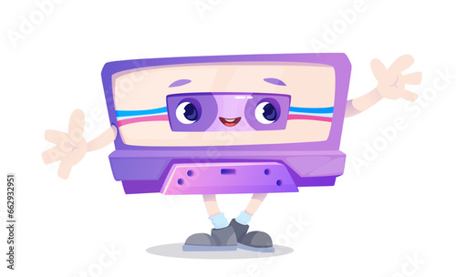 Retro audio cassette or audio tape in the form of a humanized cute funny smiling and waving hands fictional character. Cartoon vector illustration isolated on white background