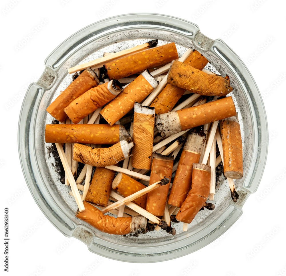 Ashtray with cigarette butts on a white background. Cigarettes. Smoking is harmful to human health Ashtray with cigarette butts on a white background. Cigarettes. Smoking is harmful to human health