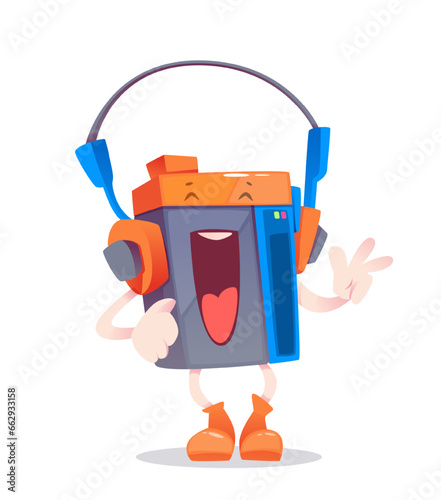 Compact cassette player with headphones in the form of a humanized funny laughing fictional character. Cartoon vector illustration isolated on white background