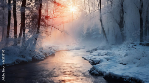 Winter landscape, river, forest, low winter sun.