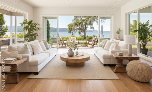 Expansive Living Room with Several White Couches, Featuring a Panoramic Sea View through Large Windows, Creating a Tranquil and Stylish Retreat
