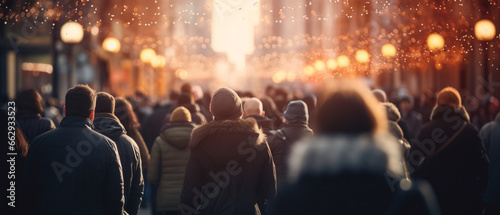 A blurry crowd of unrecognizable people on a winter christmas street crowd of people in a shopping street Christmas Holidays