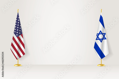 United States and Israel flag on indoor flagpole, meeting concept between Israel and United States.