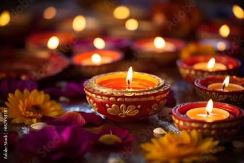 Background representing the Diwali festival Glowing diyas or clay lamps cast a warm golden hue