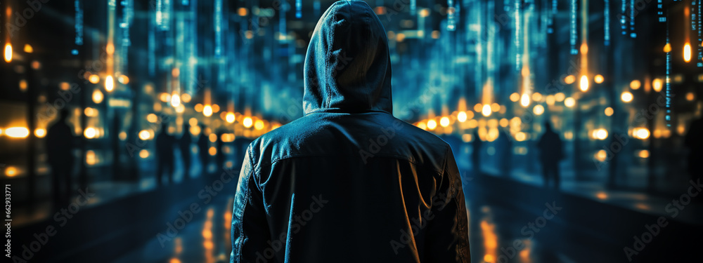 cybersecurity and hacker,coding,malware concept.Hooded computer hacker in cybersecurity on server room background.metaverse digital world technology. - obrazy, fototapety, plakaty 