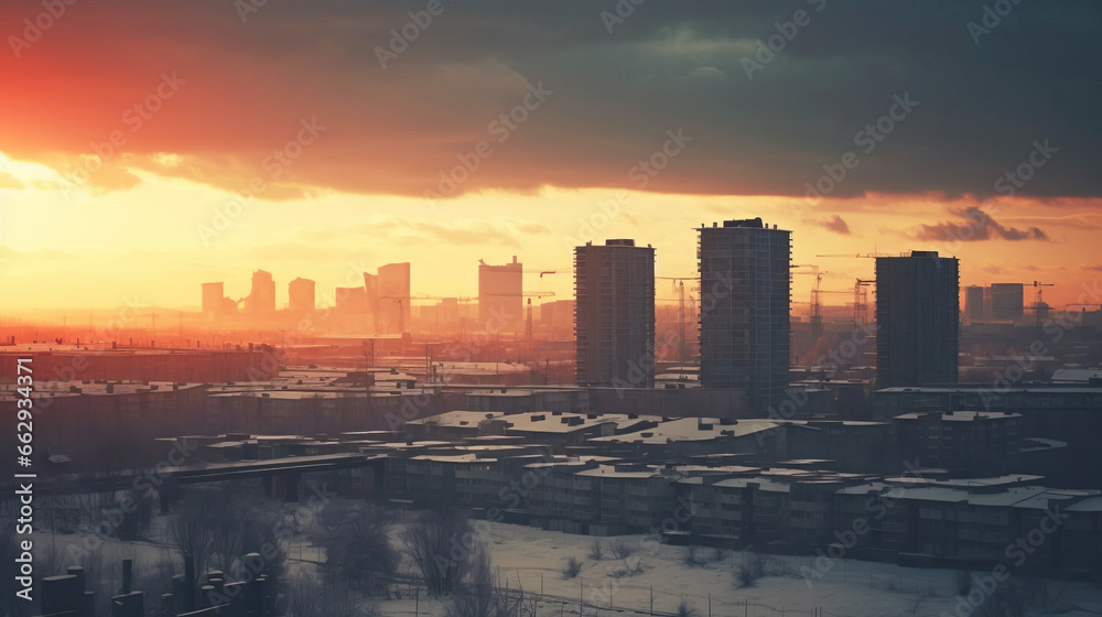 Winter city landscape at dawn.