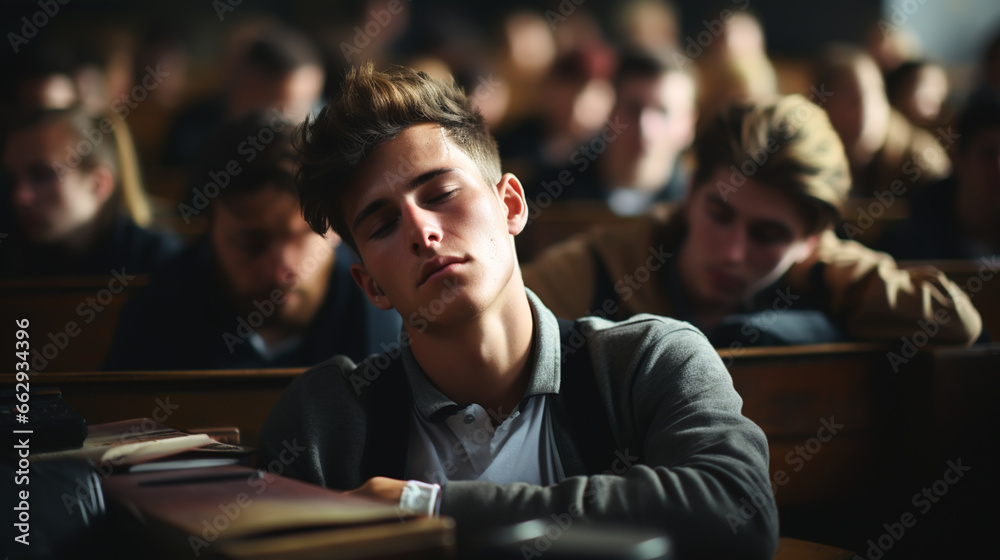 Fototapeta premium Education And Learning Concept. Portrait of tired and bored student sitting at desk