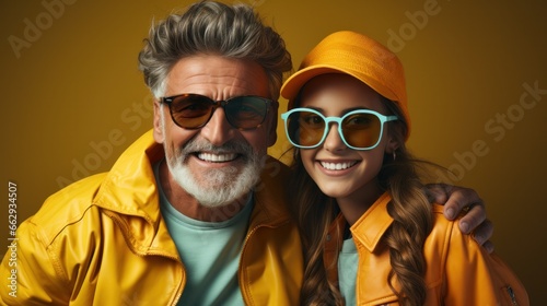 studio setting, a positive bearded aged man, wearing glasses and a yellow jacket, embraces his granddaughter while both look at the camera. Their happiness radiates in this heartwarming moment.