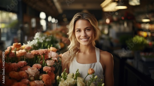 smiling adult blonde female florist in an apron, looks at camera while standing beside a variety of fresh flower bouquets in flower shop. The shop's colorful array of blooms creates a lovely backdrop.