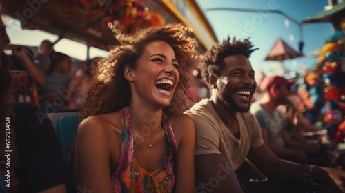 ethnic couple dressed in vibrant clothing laughs heartily while riding a roller coaster in an amusement park, capturing the thrill and joy of the moment.