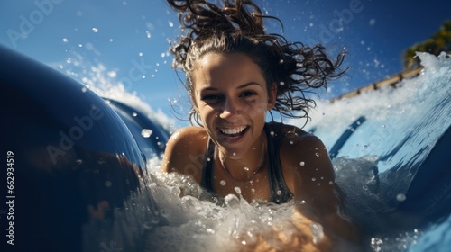 smiling young woman with ponytail looking at camera while lying on belly playing in water slide against blurred blue sky in daylight. Resort, leisure,