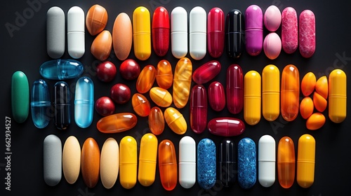 variety of assorted multicolored pharmaceutical pills, including vitamins, antibiotics, capsules. These medications manufactured to suit different formulations and dosage forms for medical purposes photo
