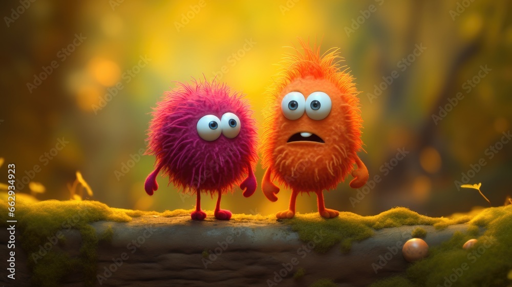 Naklejka premium Super adorable and cute cartoon like forest monsters made from colorful wool felt, this quirky couple of oddball cutie pies are so in love, round and fluffy bodies with big googly eyes.