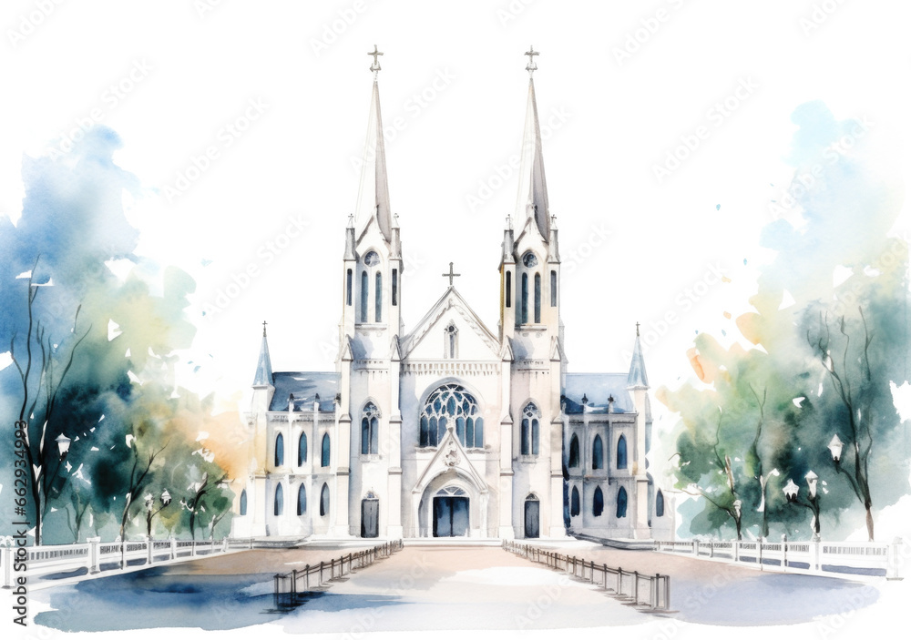 Fototapeta premium Watercolor Catholic Church Painting on White, wedding Clip art.