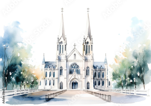 Watercolor Catholic Church Painting on White, wedding Clip art.