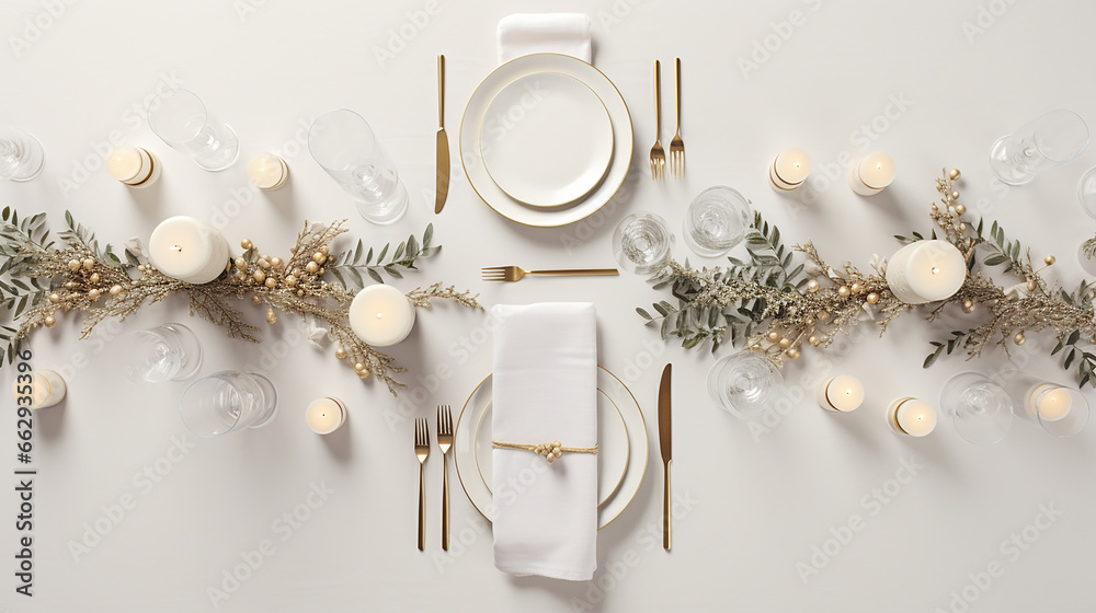 vista superior minimalista Elegante mesa dourada e branca com guirlanda e velas - obrazy, fototapety, plakaty 