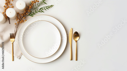 vista superior minimalista Elegante mesa dourada e branca com guirlanda e velas photo