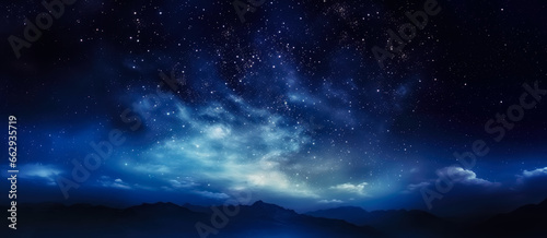 Starry night with some clouds above mountains, abstract dark magical fantasy illustration wide banner. Generative AI