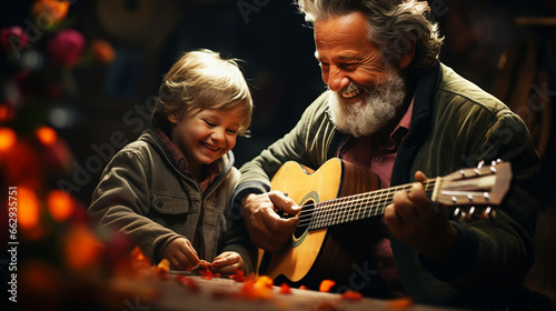 Grandfather is playing guitar with his grandson.
