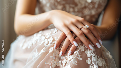 Fotografiet Beautiful female hands with manicure close-up, modern stylish wedding nail desig