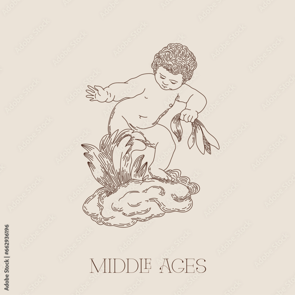 Obraz premium Vector Sketch Logo Middle Ages Sketch Drawing Child Angel Valentine's Day