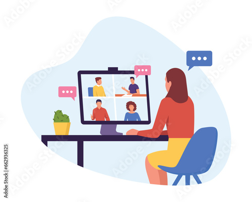 Vector illustration of a girl sitting at an online conference. Cartoon scene with a girl sitting at a table with a computer and a flower pot, connected to an online meeting on a white background.