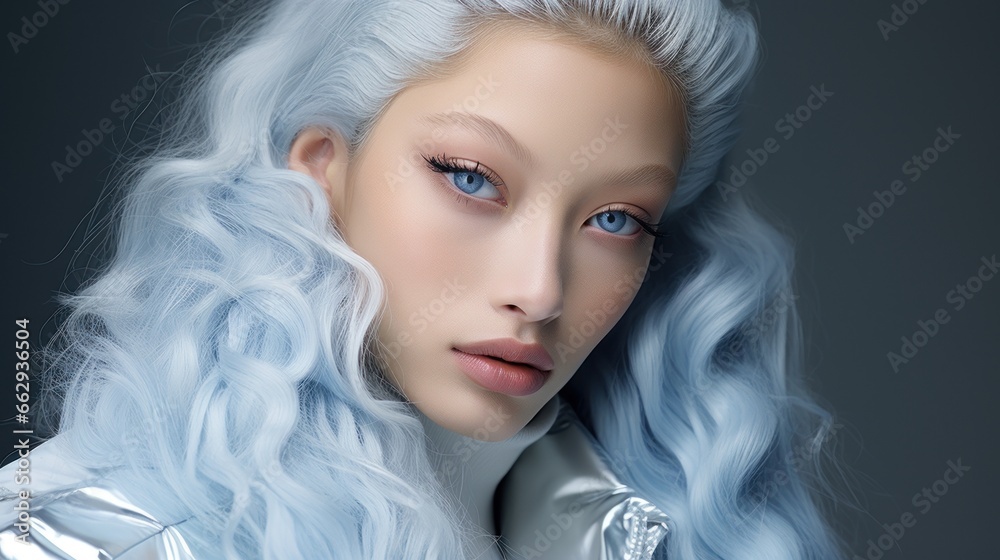 Fashion asian caucasian swedish french woman girl female model with blue hair and eyes, looking fierce charming and powerful, reworked and enhanced ai generative photography of a not real person