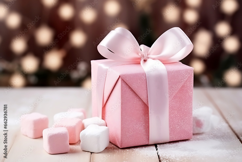 Christmas pink gift in the shape of a marshmallow on a dark background with bokeh Christmas pink gift in the shape of a marshmallow on a dark background with bokeh