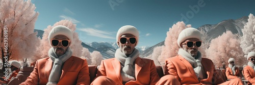 Three men in stylish suits - ski resort patio - sunglasses - low angle shot - blue skies - stylish - fashion - Christmas - holiday - vacation - holiday - getaway