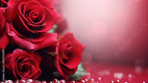 Romantic Valentine background with red rose flowers  beautiful grid and blurred effect  and copy space