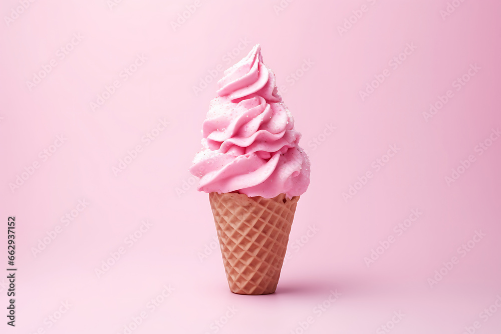 Pink Christmas ice cream in a waffle cone on a soft pink background Pink Christmas ice cream in a waffle cone on a soft pink background