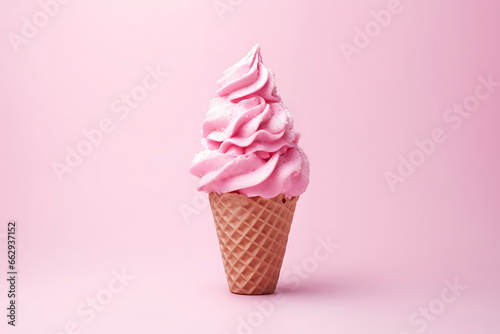Pink Christmas ice cream in a waffle cone on a soft pink background