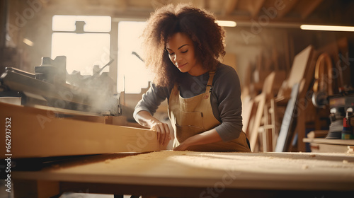 Une femme menuisier en train de fabriquer une pièce en bois.   photo
