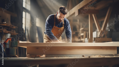Un homme charpentier en train de construire une pièce de bois.  photo