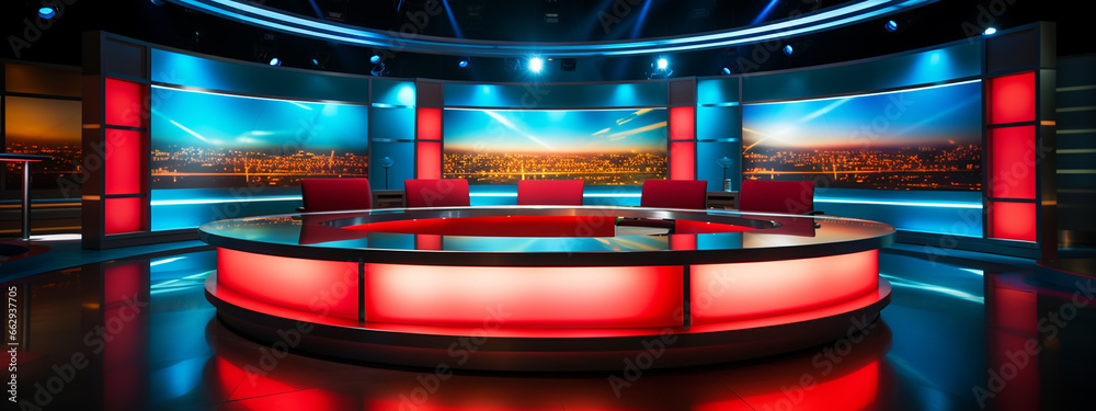 Studio interior for news broadcasting, empty placement with anchorman table on pedestal, digital screens for video presentation - obrazy, fototapety, plakaty 