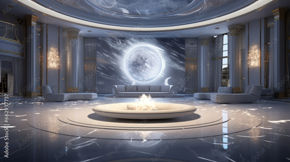 Empty Space Inside Futuristic Room. Marble Floor And Galaxy View. Showroom, Spaceship, Hall or Studio. Modern Background Design Concept of Future. Generative AI