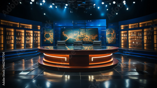 Studio interior for news broadcasting, empty placement with anchorman table on pedestal, digital screens for video presentation photo