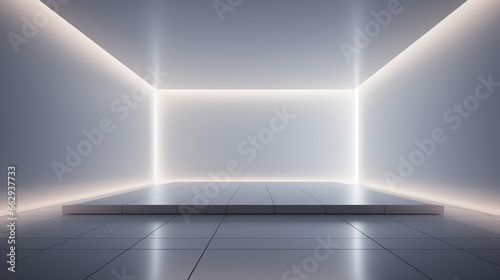 Empty Space Inside Futuristic Room. Showroom  Spaceship  Hall or Studio In Perspective View. White floor. Modern Background Design Concept of Future. Generative AI