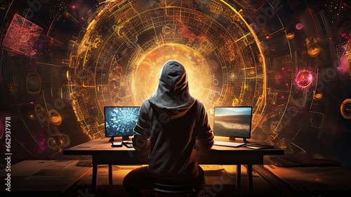 postac w kapturze siedząca tajemniczo przed biurkiem z komputerem i monitorami w wirującej przyszłości.