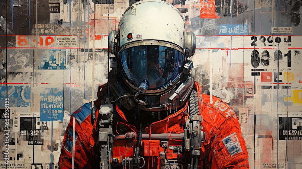 sztuka komputerowa kosmonauty w skafandrze na amstrakcyjnym obrazie - obrazy, fototapety, plakaty 